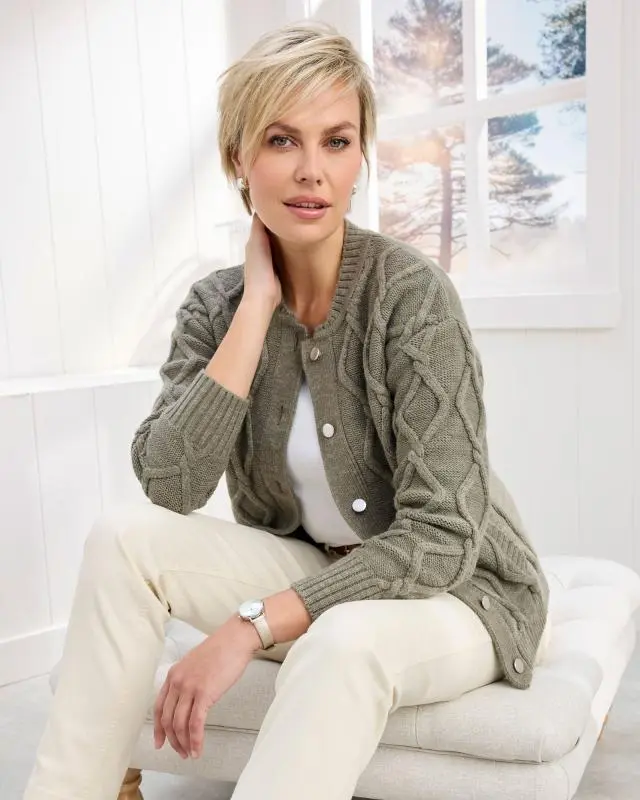 Cotton Traders Women's Cable Knitted Bomber Cardigan in Green, Polyester/Acrylic
