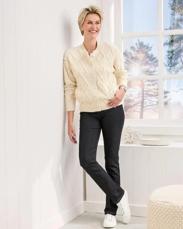 Cotton Traders Women's Cable Knitted Bomber Cardigan in Beige, Polyester/Acrylic