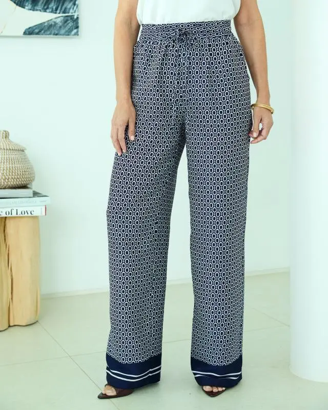 Cotton Traders Women's Print Wide Leg Pull On Trousers in Blue, 100% Polyester