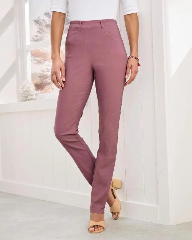 Cotton Traders Women's Super Stretchy Pull-On Slim Leg Trousers in Pink, Polyamide/Viscose/Elastane