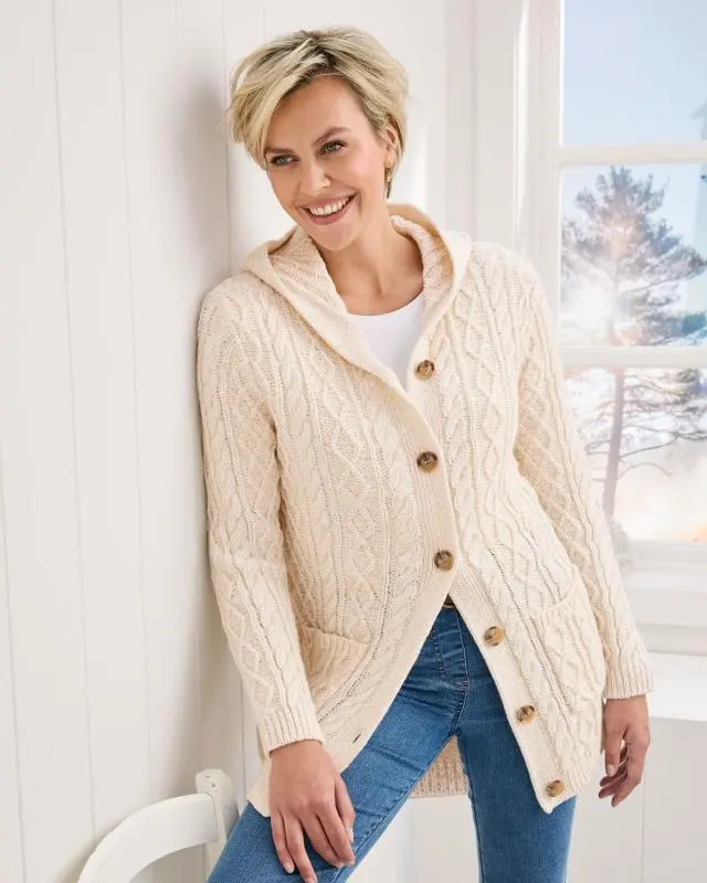 Cotton Traders Women's Longline Hooded Cardigan in Beige, 100% Acrylic