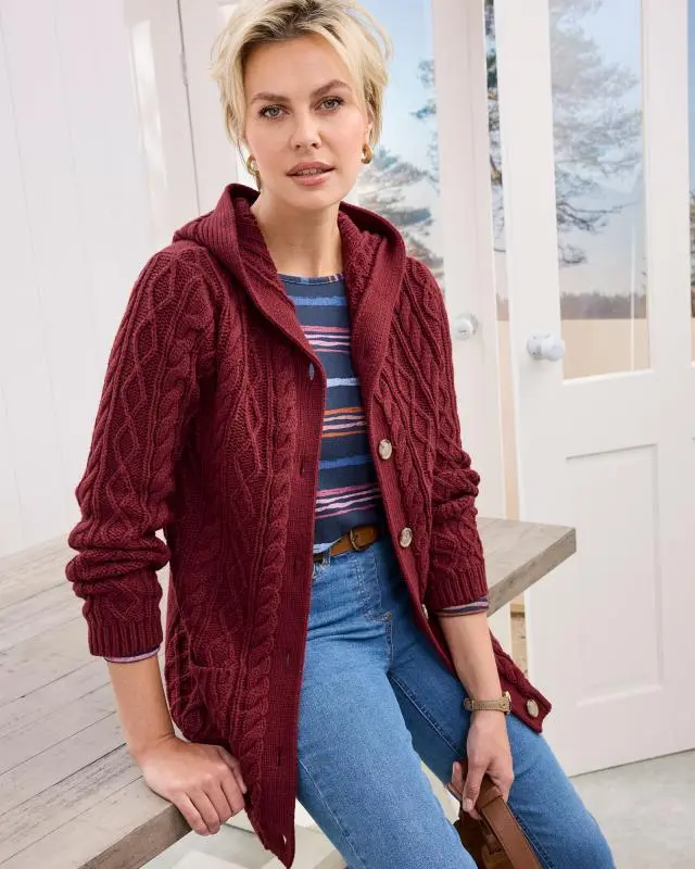 Cotton Traders Women's Longline Hooded Cardigan in Red, 100% Acrylic