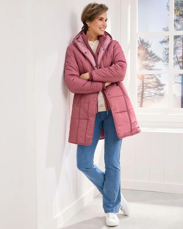 Cotton Traders Women's Padded Hooded Jacket in Pink, 100% Polyester