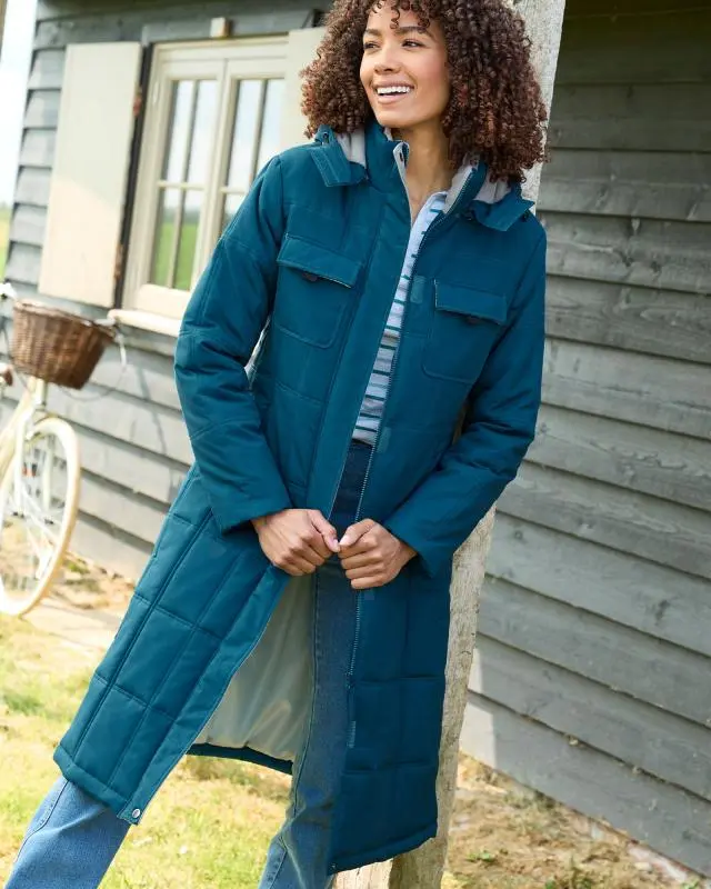 Cotton Traders Women's Long Padded Hooded Coat in Green, 100% Polyester