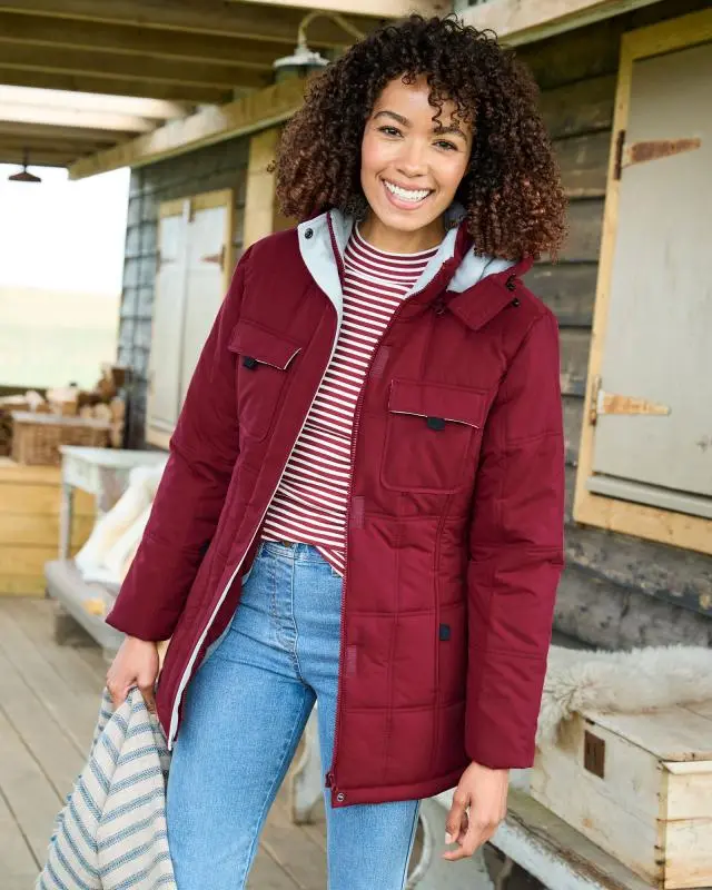 Cotton Traders Women's Short Padded Hooded Coat in Red, 100% Polyester