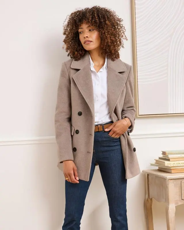 Cotton Traders Women's Wool Look Pea Coat in Brown, 100% Polyester