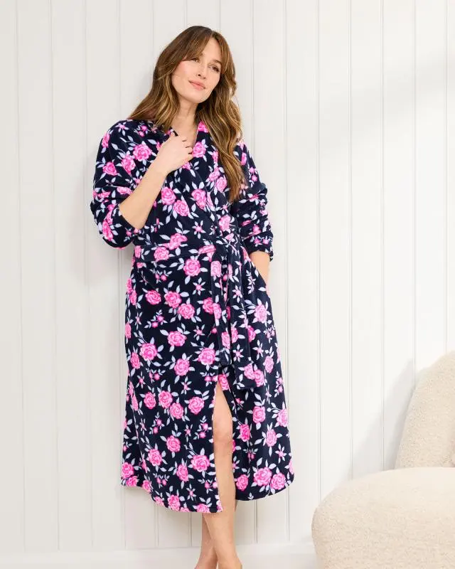 Cotton Traders Women's Cosy Fleece Dressing Gown in Navy, 100% Polyester