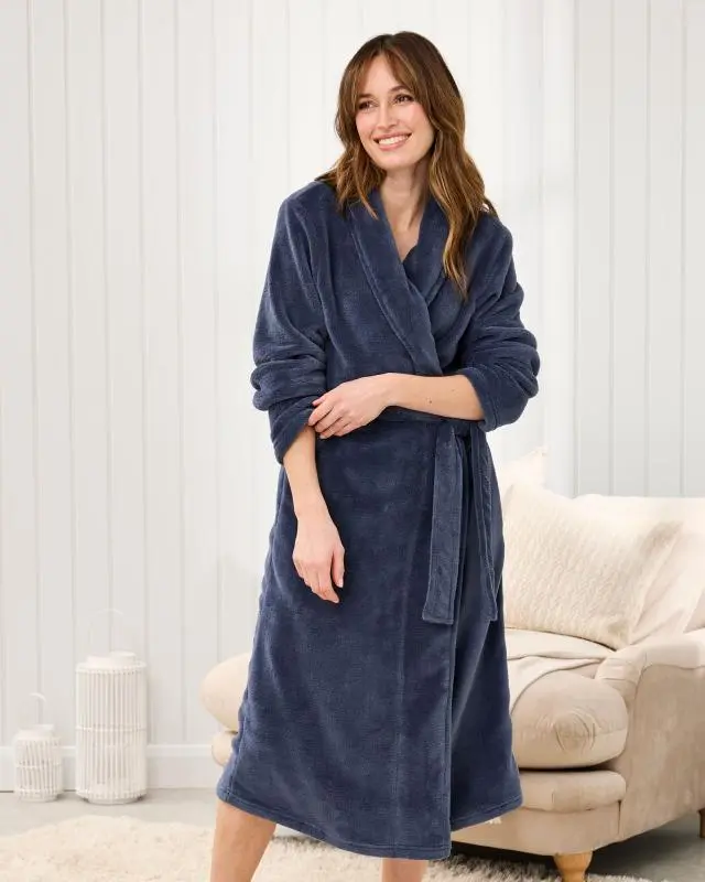 Cotton Traders Women's Cosy Fleece Dressing Gown in Blue, 100% Polyester