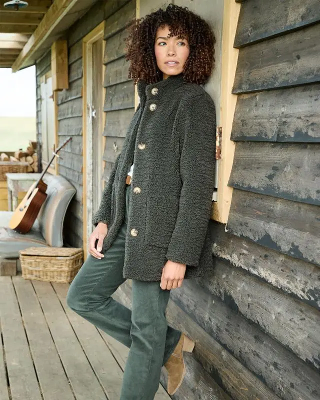 Cotton Traders Women's Borg Coat in Green, 100% Polyester