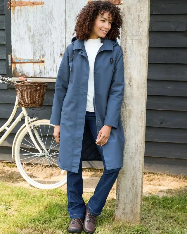 Cotton Traders Women's All Weather Fleece Lined Long Waterproof Coat in Blue, 100% Polyester