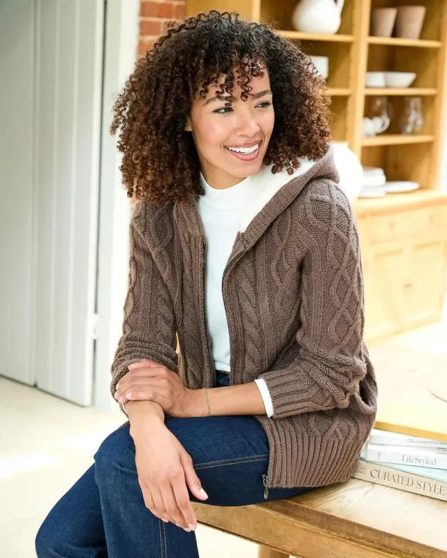Cotton Traders Women's Cable Hooded Zip Cardigan in Brown, 100% Polyester