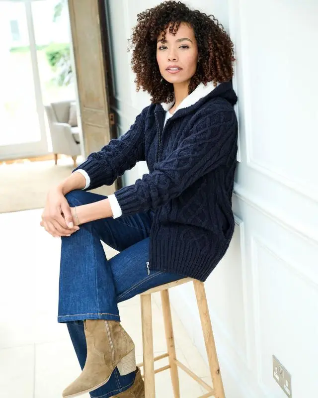 Cotton Traders Women's Cable Hooded Zip Cardigan in Navy, 100% Polyester