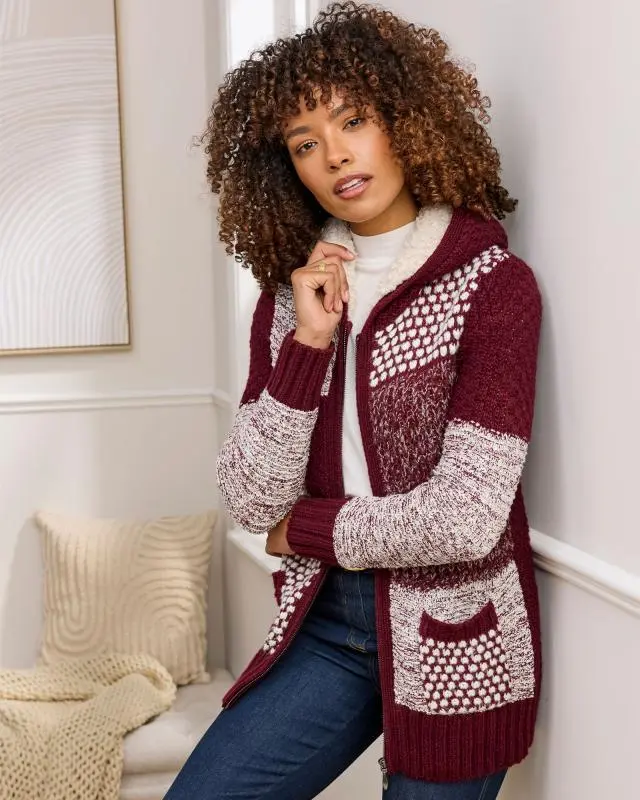 Cotton Traders Women's Hooded Knitted Zip Cardigan in Red, 100% Polyester