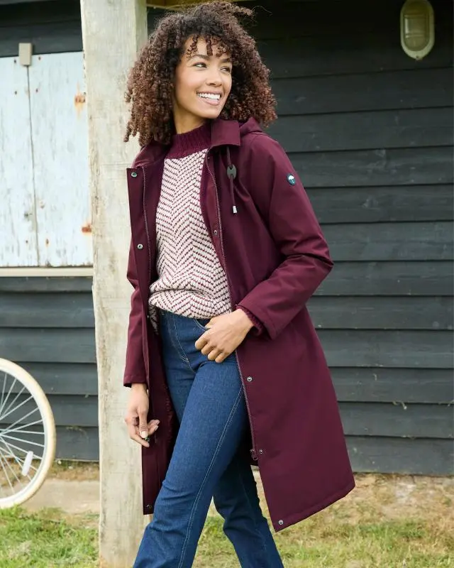Cotton Traders Women's All Weather Fleece Lined Long Waterproof Coat in Purple, 100% Polyester