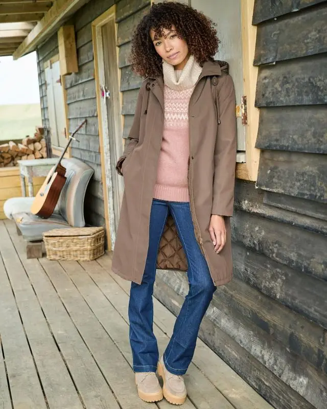 Cotton Traders Women's All Weather Fleece Lined Long Waterproof Coat in Brown, 100% Polyester