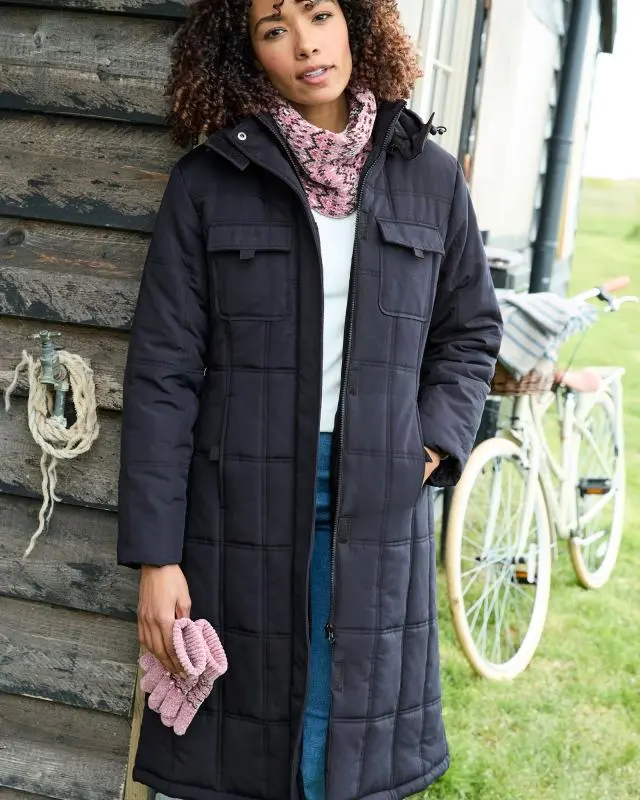 Cotton Traders Women's Long Padded Hooded Coat in Black, 100% Polyester