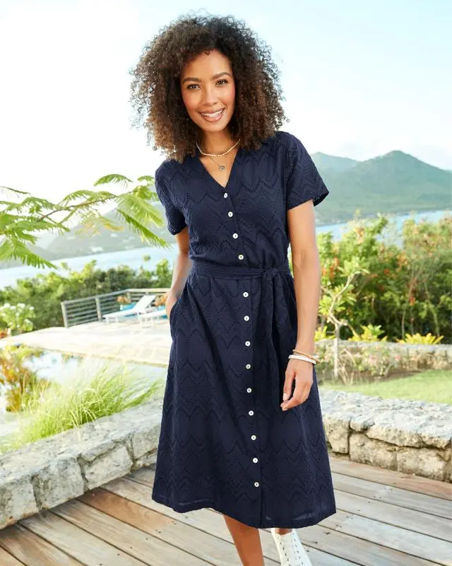 Cotton Traders Women's Broderie Dress in Navy, 100% Cotton