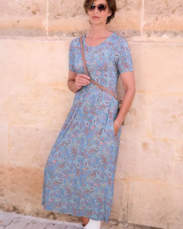 Cotton Traders Women's Printed Jersey Maxi Dress in Blue, Viscose/Elastane