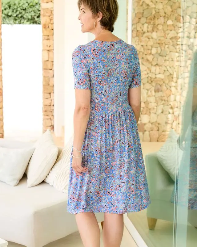 Cotton Traders Women's Printed Jersey Knee Length Dress in Blue, Viscose/Elastane