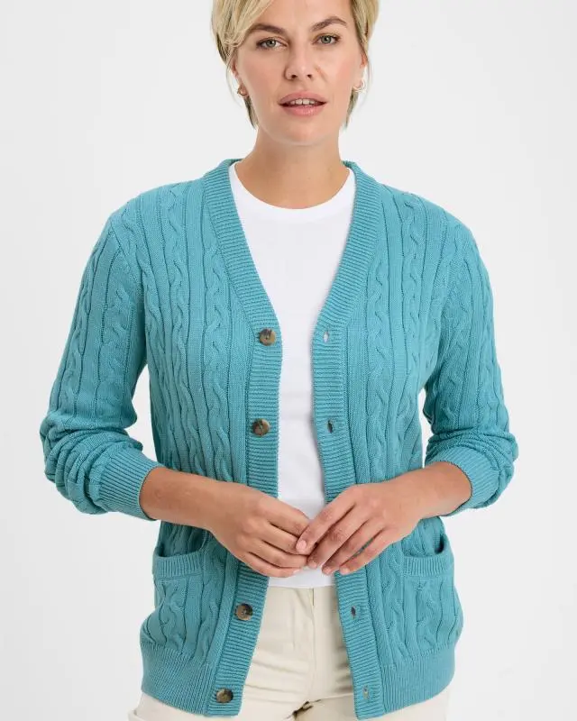 Cotton Traders Cotton Cable Button Through Cardigan in Green, 100% Cotton