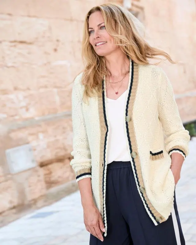 Cotton Traders Women's Longline Contrast Trim Cardigan in Cream, Cotton/Acrylic