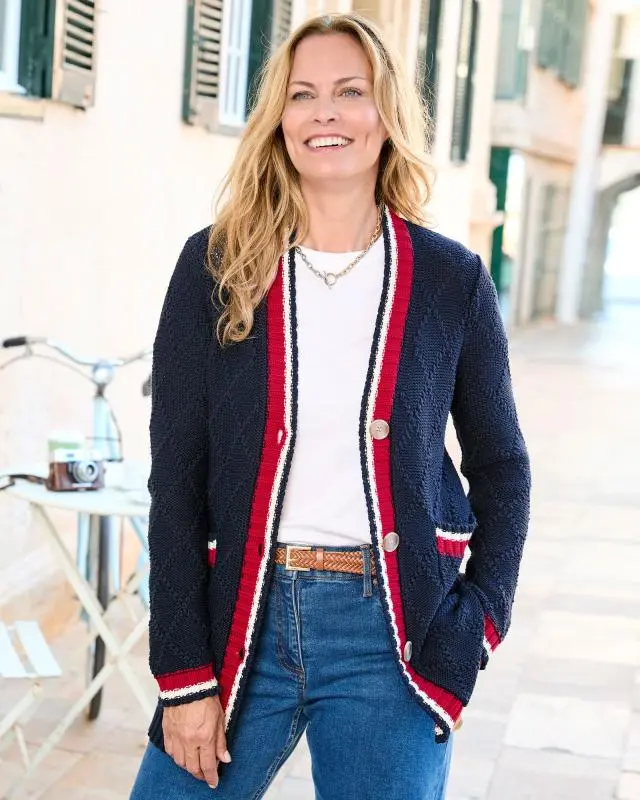 Cotton Traders Women's Longline Contrast Trim Cardigan in Navy, Cotton/Acrylic