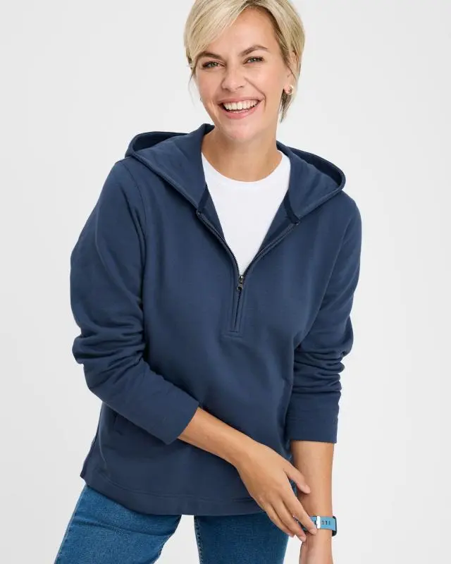 Cotton Traders Hooded Half Zip Top in Admiral, Cotton/Polyester