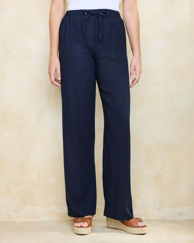 Cotton Traders Women's Linen Blend Relaxed Fit Trousers in Navy, Viscose