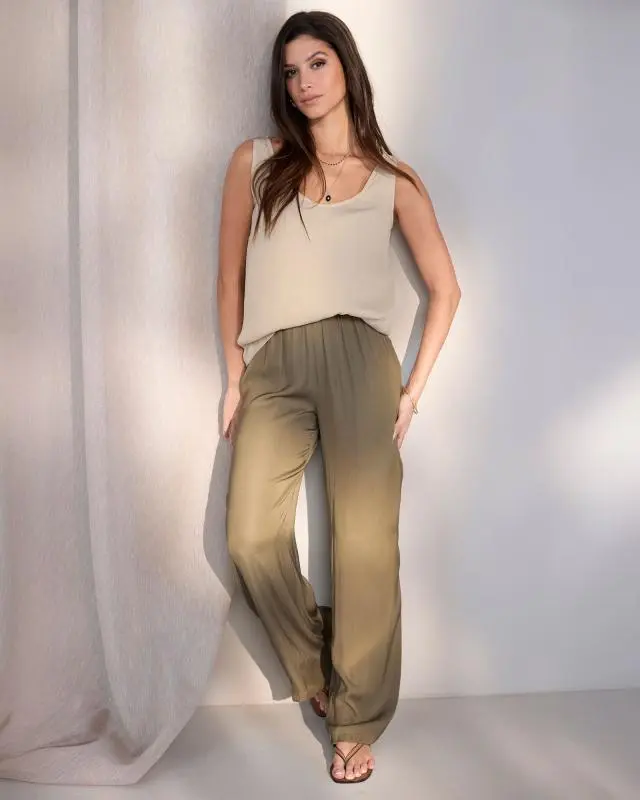 Cotton Traders Women's Wide Leg Satin Trousers (31" Inside Leg) in Green, Polyester/Glass