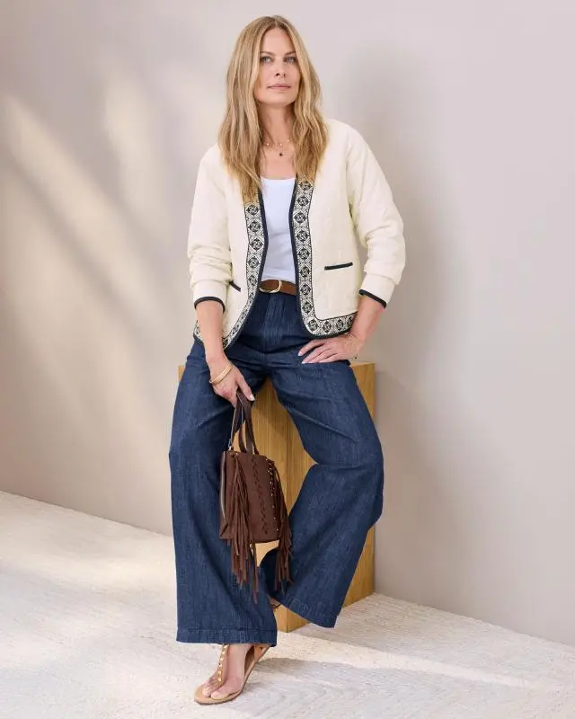 Cotton Traders Women's Embroidered Quilted Jacket in Cream, 100% Cotton