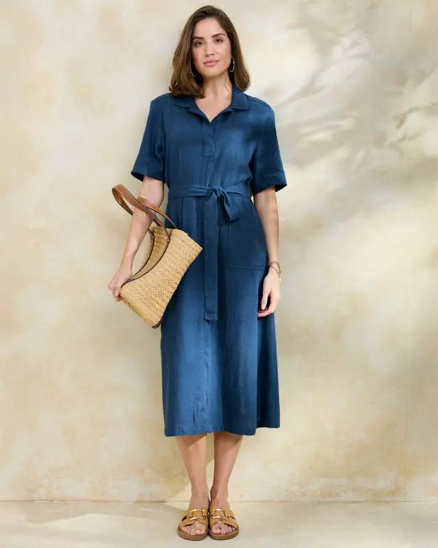 Cotton Traders Women's Linen Blend Midi Dress in Blue, Viscose