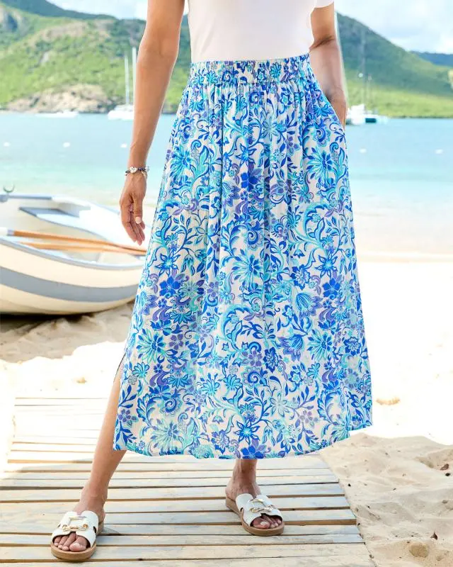 Cotton Traders Women's Pull On Printed Crinkle Maxi Skirt in Blue, 100% Viscose
