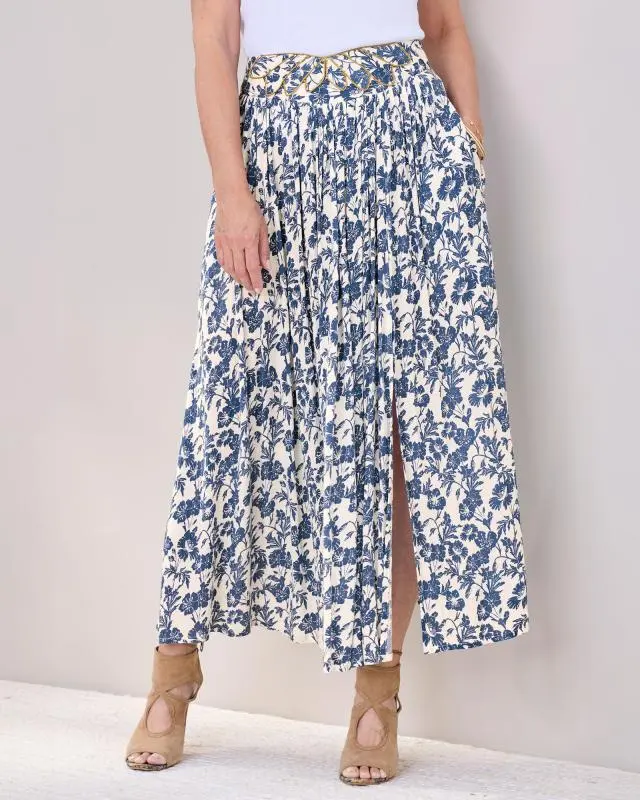 Cotton Traders Women's Pull On Printed Maxi Skirt in Blue, 100% Viscose