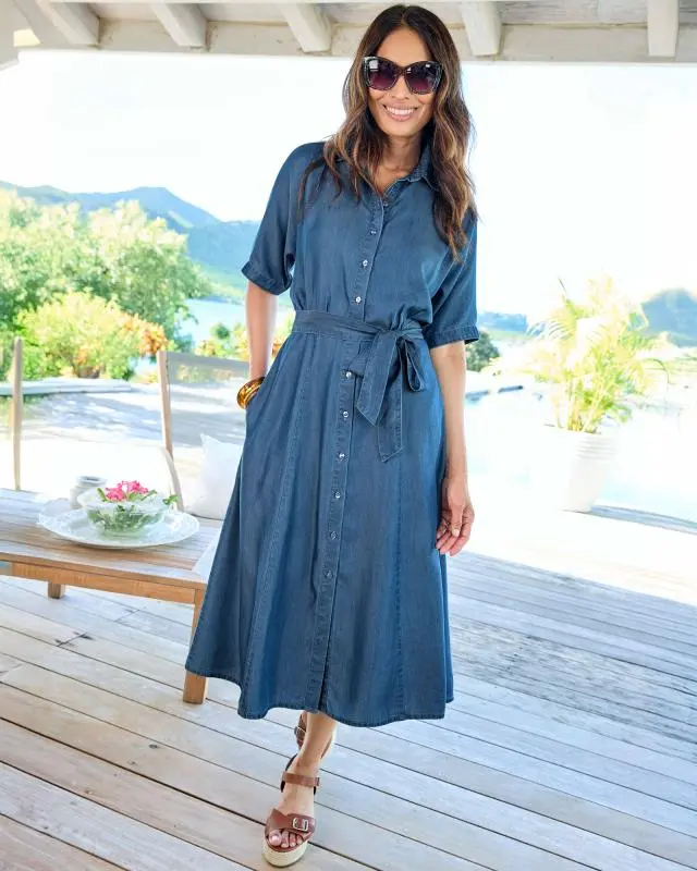 Cotton Traders Women's Lyocell Midi Dress in Blue, 100% Lyocell