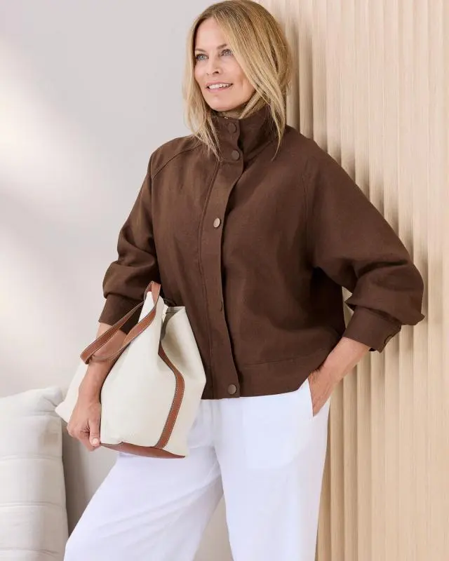 Cotton Traders Women's Linen Blend Zip Jacket in Brown, 100% Polyester