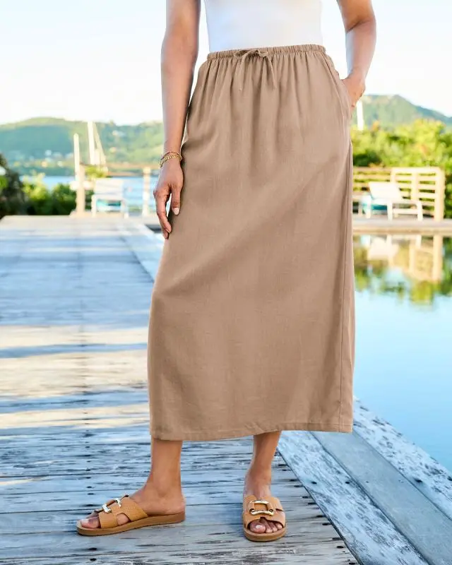 Cotton Traders Women's Pull On Linen Blend Maxi Skirt in Beige, Viscose