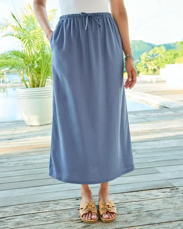 Cotton Traders Women's Pull On Linen Blend Maxi Skirt in Blue, Viscose