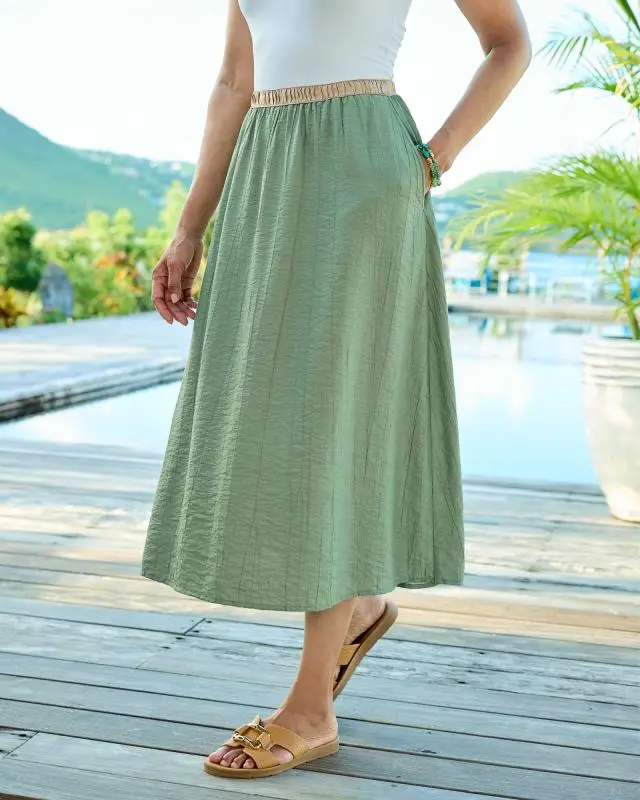 Cotton Traders Women's Contrast Waist Pull On Skirt in Green, Polyamide/Viscose