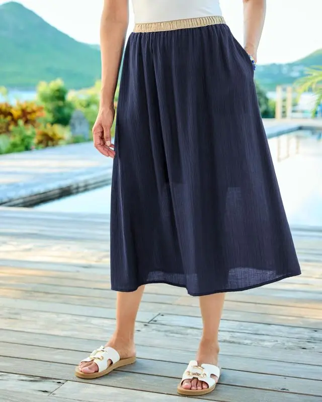 Cotton Traders Women's Contrast Waist Pull On Skirt in Navy, Polyamide/Viscose
