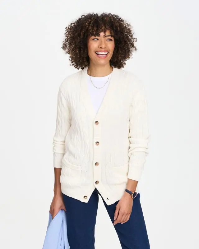 Cotton Traders Cotton Cable Button Through Cardigan in White, 100% Cotton