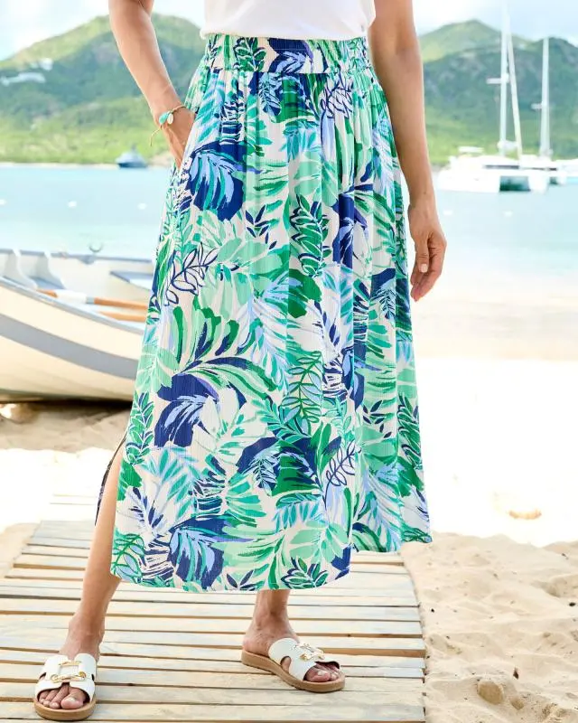 Cotton Traders Women's Pull On Printed Crinkle Maxi Skirt in Green, 100% Viscose