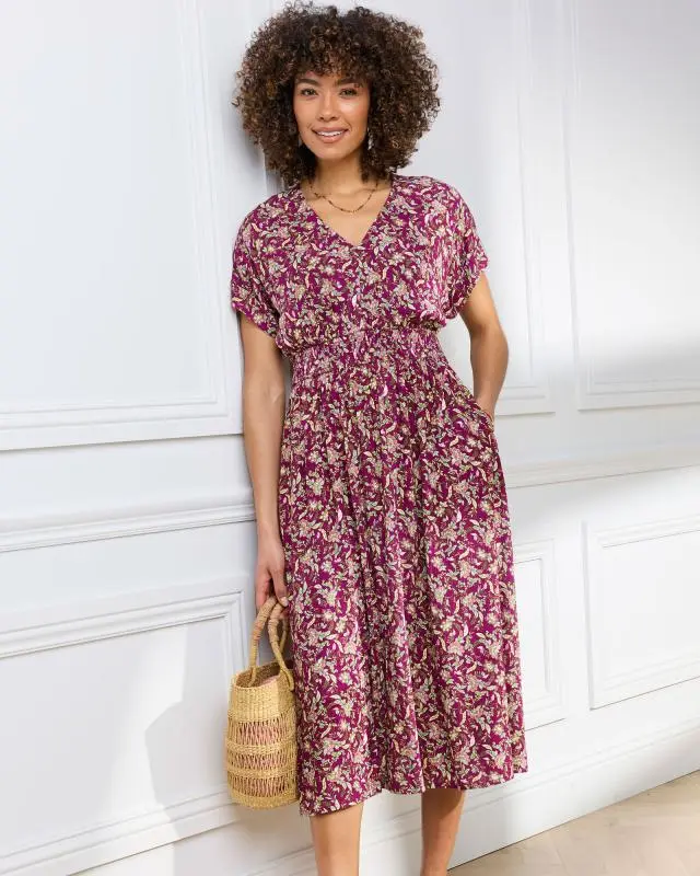 Cotton Traders Women's Printed Crinkle Midi Dress in Pink, 100% Viscose