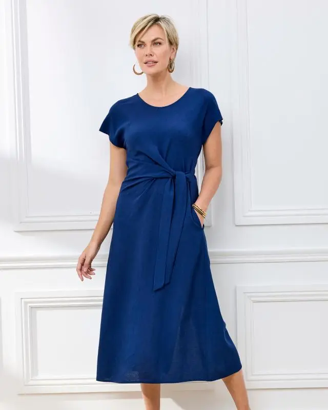 Cotton Traders Women's Tie Waist Linen Blend Midi Dress in Blue, Viscose