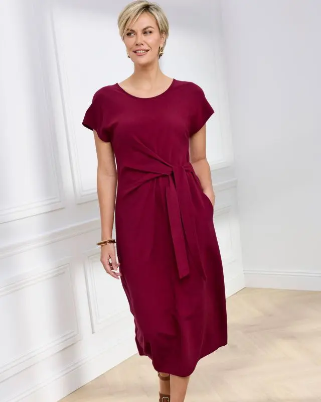 Cotton Traders Women's Tie Waist Linen Blend Midi Dress in Red, Viscose