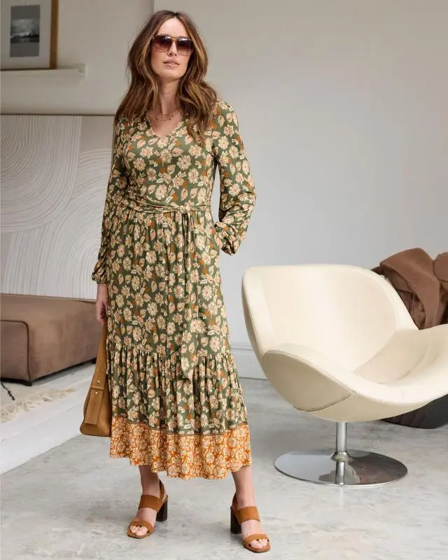 Cotton Traders Women's Jersey Tiered Maxi Dress in Green, Viscose/Elastane