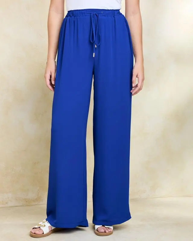 Cotton Traders Women's Pull On Drawcord Trousers in Blue, Polyester/Elastane