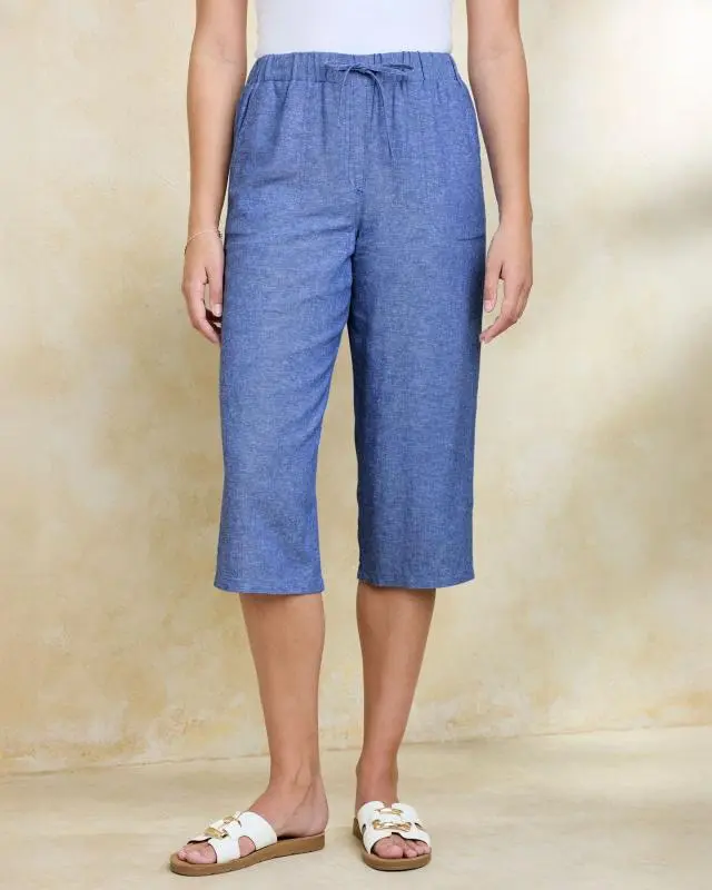 Cotton Traders Women's Linen Blend Relaxed Fit Cropped Trousers in Blue, Viscose