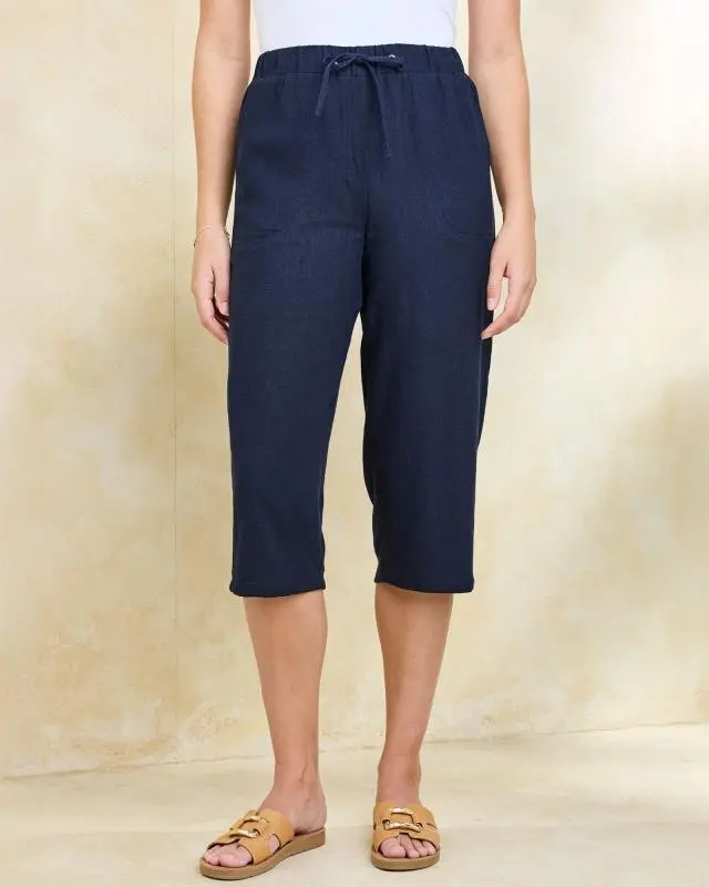 Cotton Traders Women's Linen Blend Relaxed Fit Cropped Trousers in Navy, Viscose