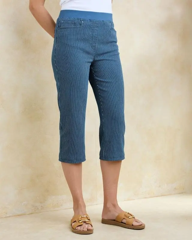 Cotton Traders Women's Premium Pull On Rib Waist Stripe Cropped Denim Jeans in Blue, Cotton/Viscose/Polyester