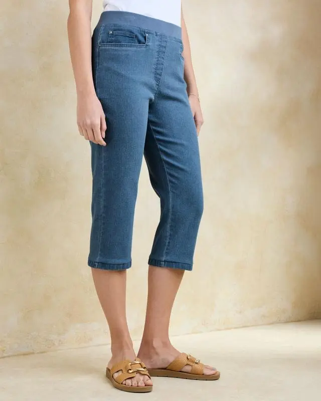 Cotton Traders Women's Premium Pull On Rib Waist Cropped Denim Jeans in Blue, Cotton/Polyester/Elastane